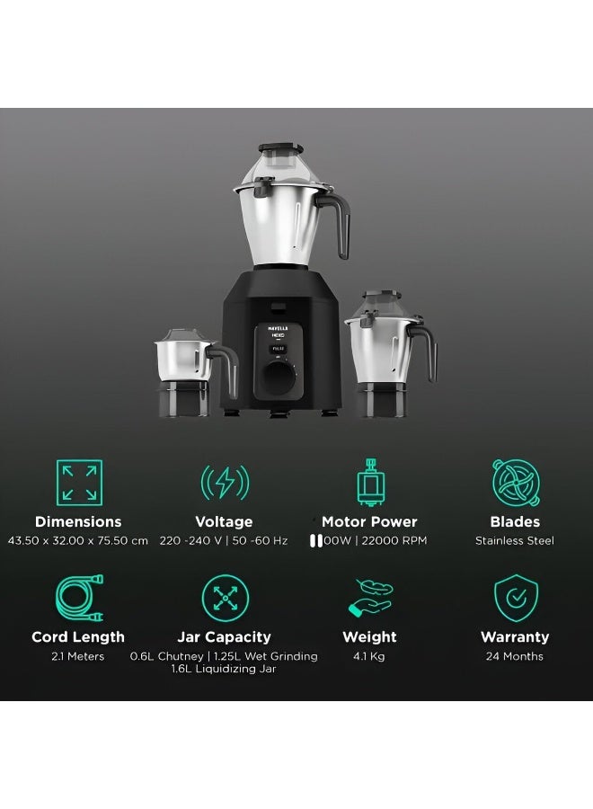 Havells Hexo Plus 1100 Watt Mixer Grinder | 3 Stainless Steel Jars with Handle | 22000 RPM High-Speed Motor | 100 Min Continuous Runtime | Metal Jar Base | 5 Year Motor Warranty (Black) - Image 5